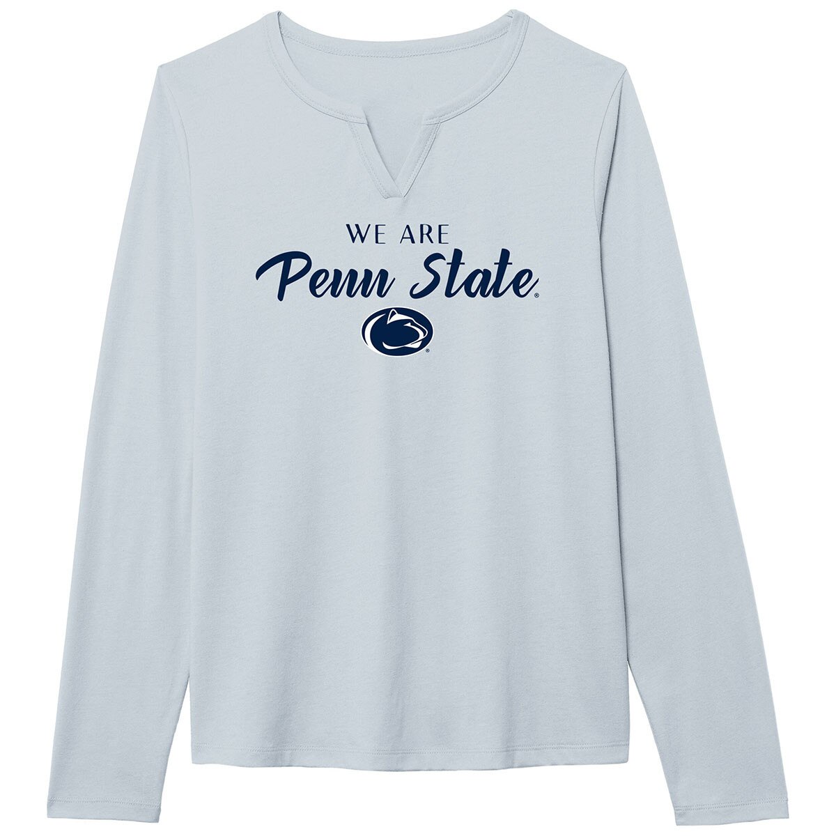 women's light blue long sleeve v-notch t-shirt with We Are Penn State above Athletic Logo